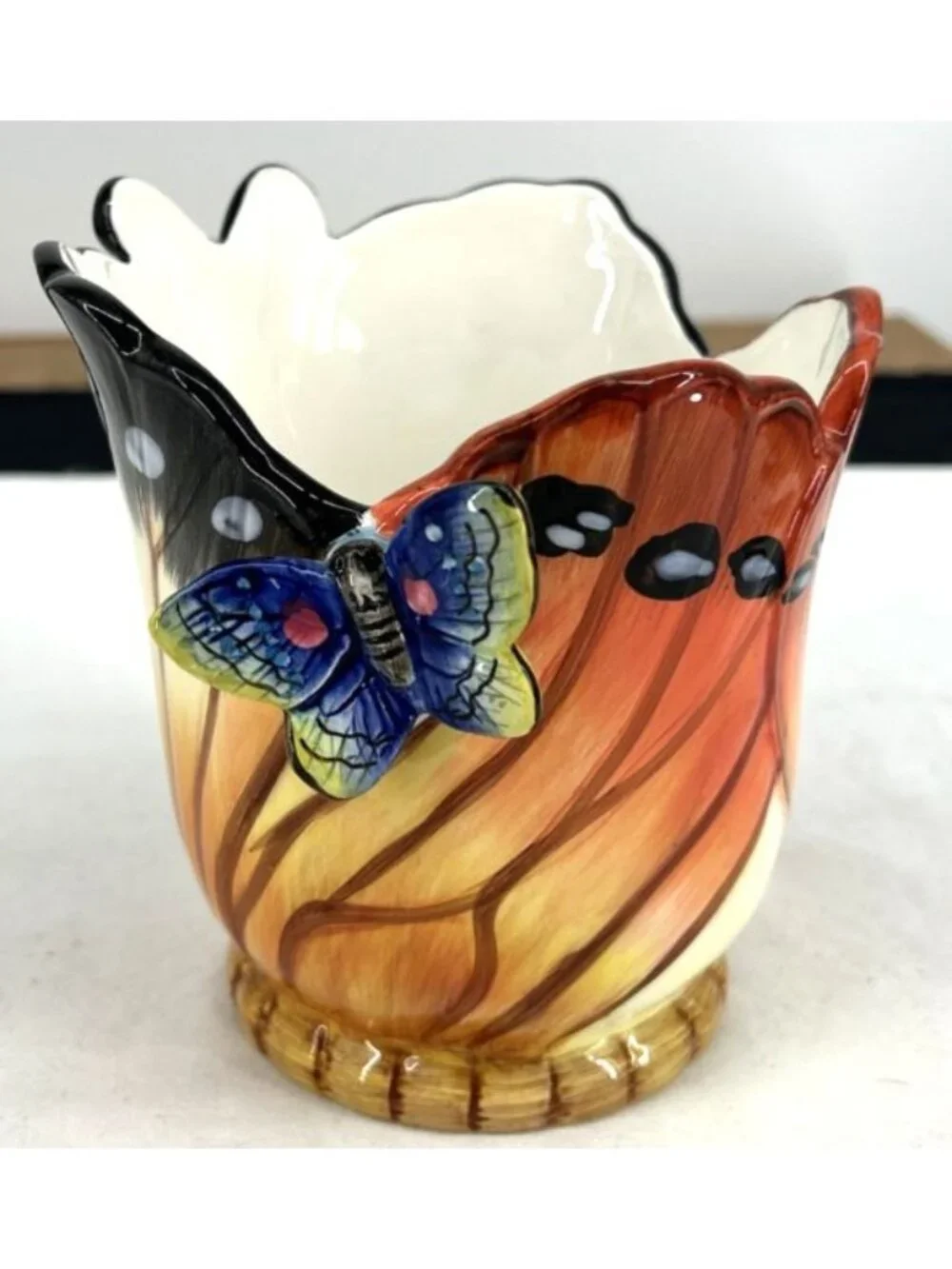 Butterfly Wings Vase Porcelain Majolica Orange Brown Blue Applied Butterfly 5.5